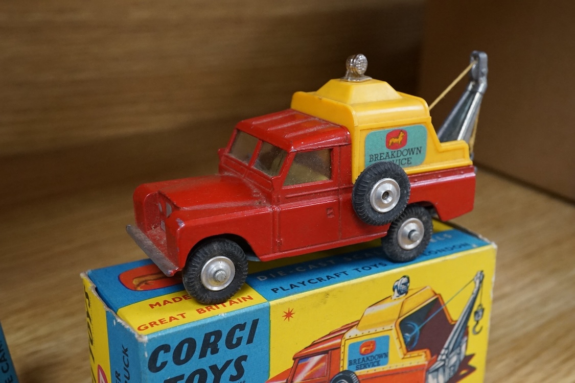 Nine boxed Corgi Toys; Land Rover with Ferrari Racing Car on Trailer (GS No.17), Land Rover (438), Lotus-Climax F1 (158), Cooper-Maserati F1 (159), Chevrolet Fire Chief’s car (482), Chevrolet Police Car (481), MGB GT (32